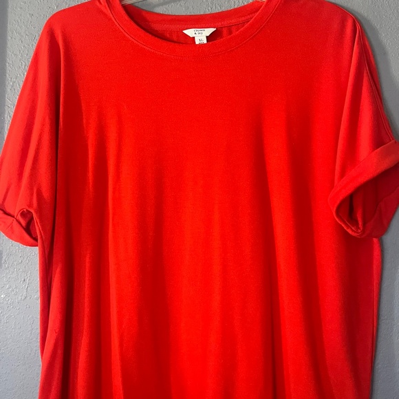 Crown & Ivy Casual Blouse Women’s XL Roll Sleeves Hi-Low Solid Red Dressy Casual - Picture 5 of 7